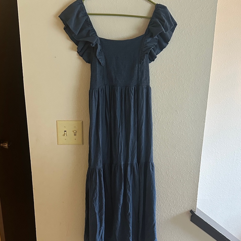 Nation LTD Blue Midi Dress with Ruffle Sleeves